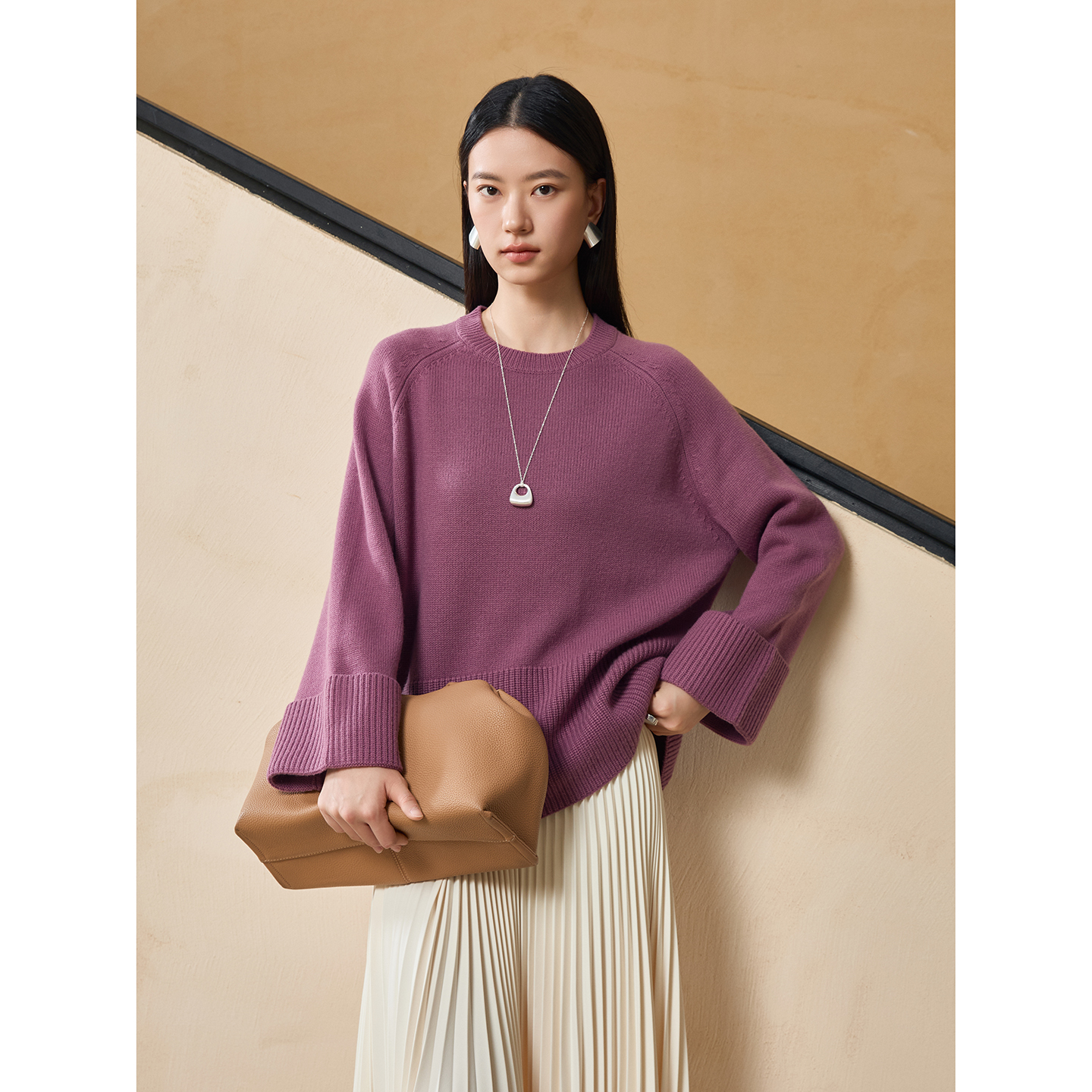 玛氏嘉敏 秋冬款 松弛感时尚毛衣 羊毛羊绒厚实针织套头衫651015