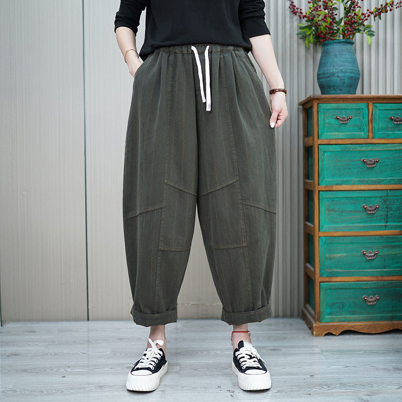 2025春季新款休闲复古牛仔百搭哈伦裤宽松雅丹显瘦纯色时尚休闲裤