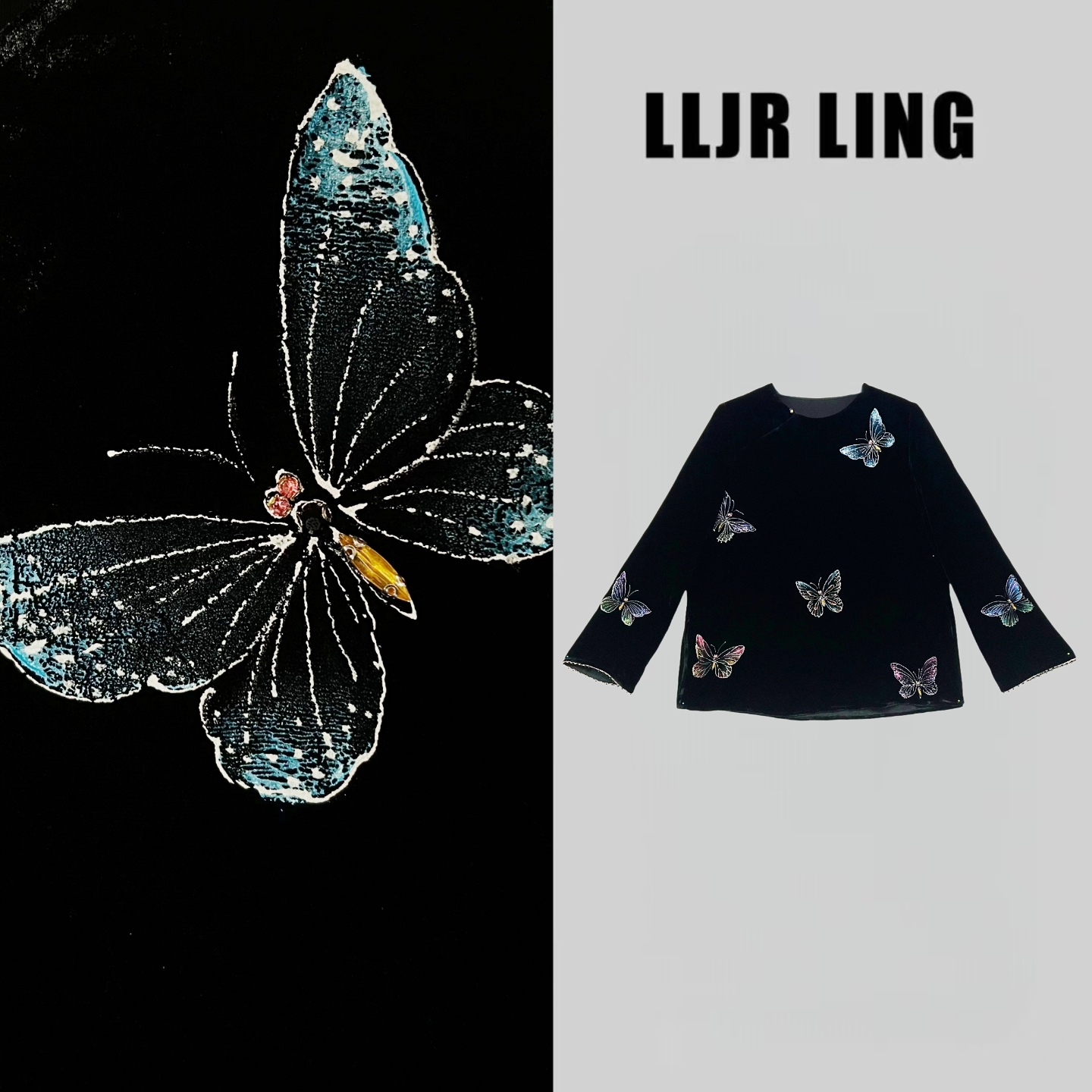 253758(夜蝶)新中式国风衬衫彩绘蝴蝶上衣女