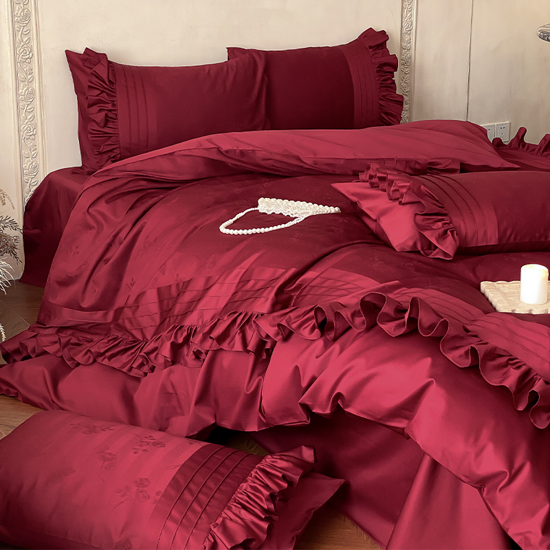 浪漫满屋/法式婚庆100S澳棉提花四件套全棉提花荷叶边床上用品