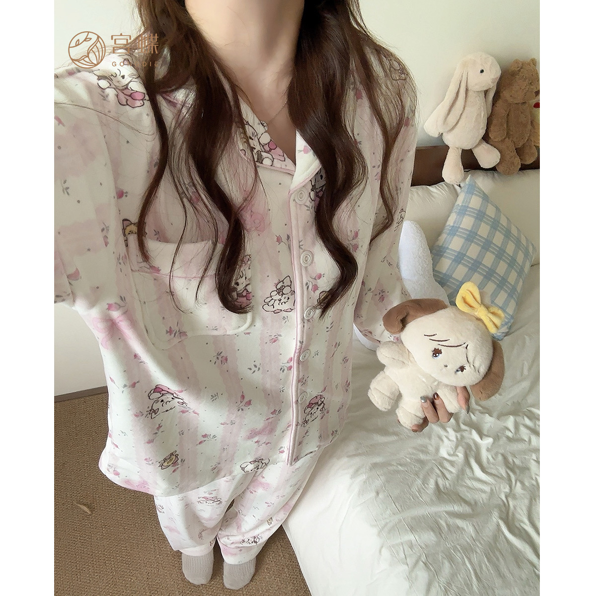 宫蝶【礼袋装】mikko海岛绒款睡衣女冬季甜美可爱卡通家居服套装
