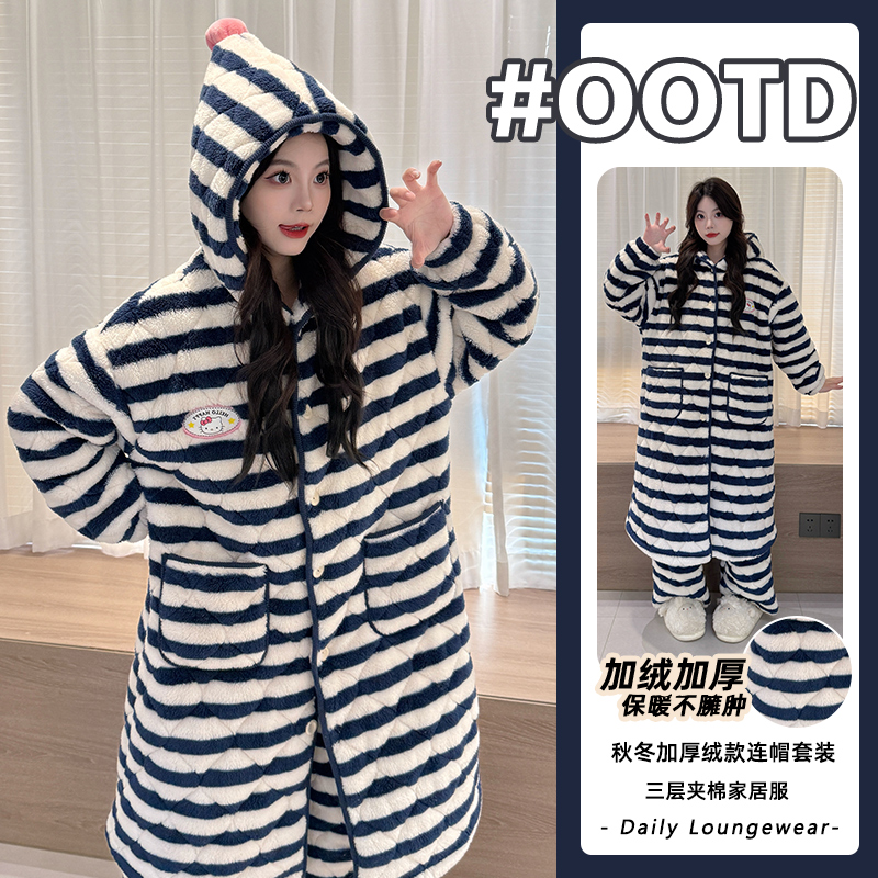 2025新款三层夹棉加厚长毛绒连帽睡袍女套装冬季保暖可外穿家居服