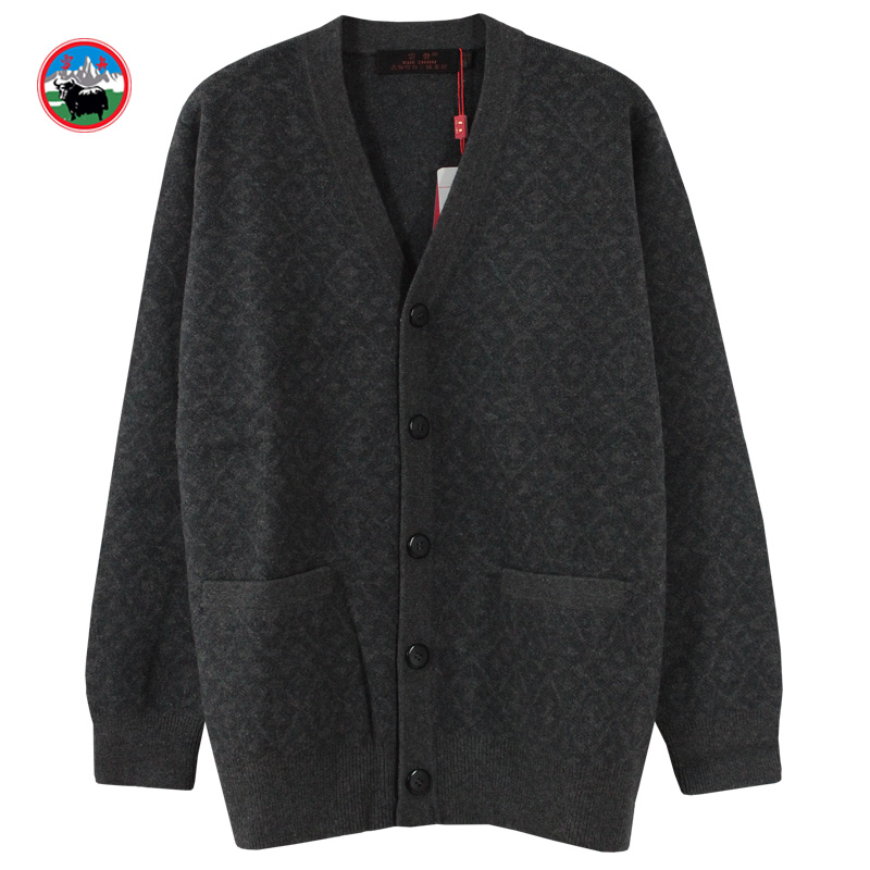 雪舟男式牦牛绒开衫V领秋冬季针织衫厚款保暖毛衣