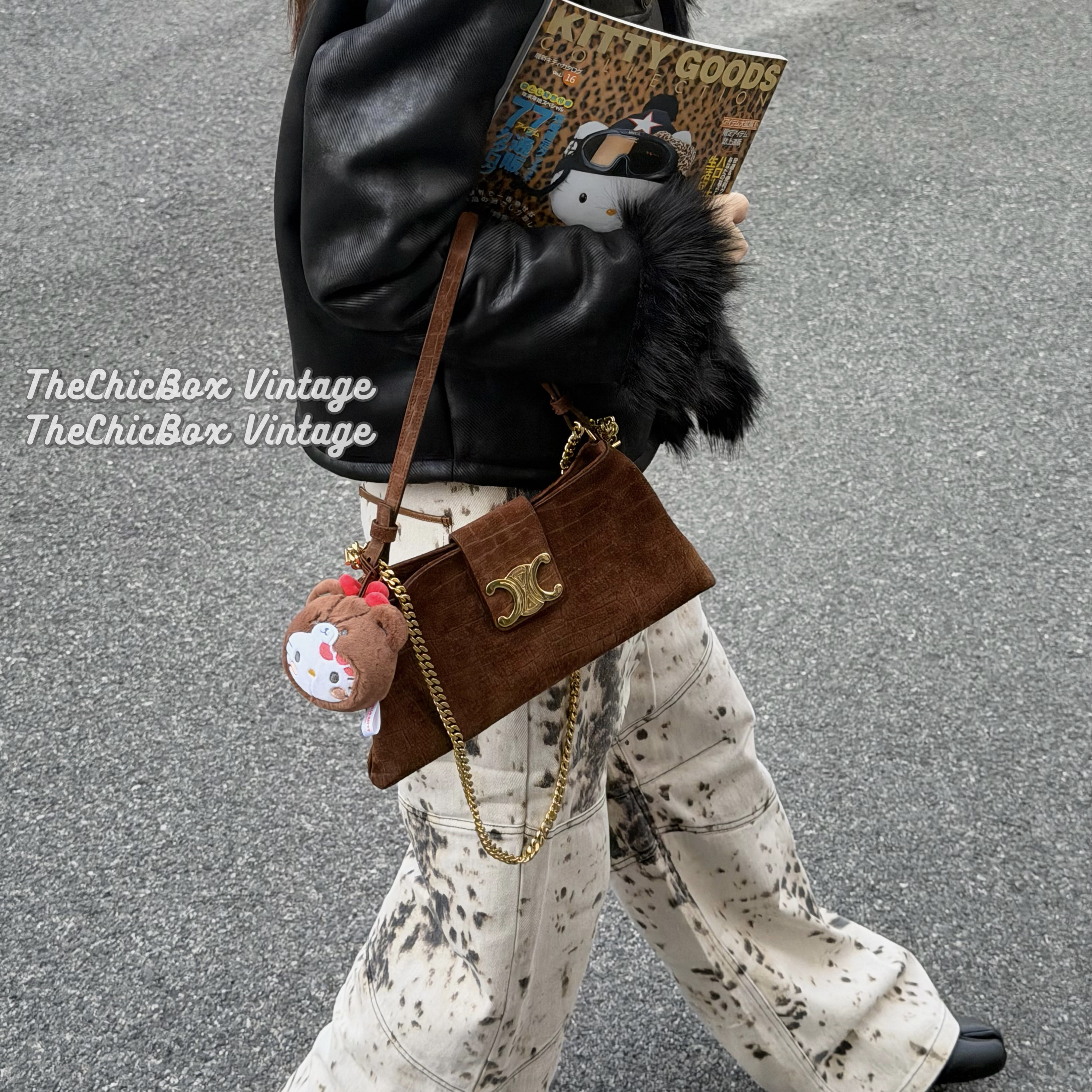 95新 Celine/思琳 只盒/金棕麂皮中号鳄鱼纹TRIOMPHESOFT手袋