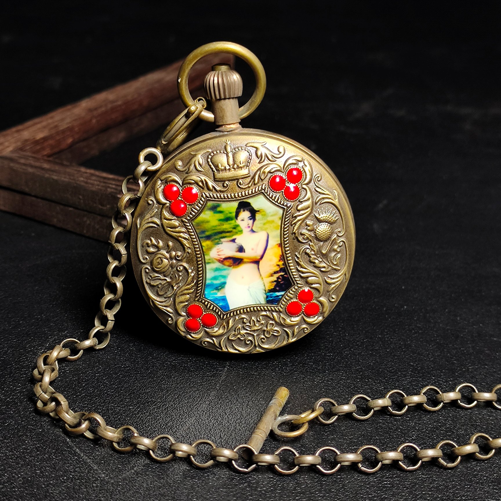 刻字珐琅古铜陀飞轮手动机械复古翻盖怀表