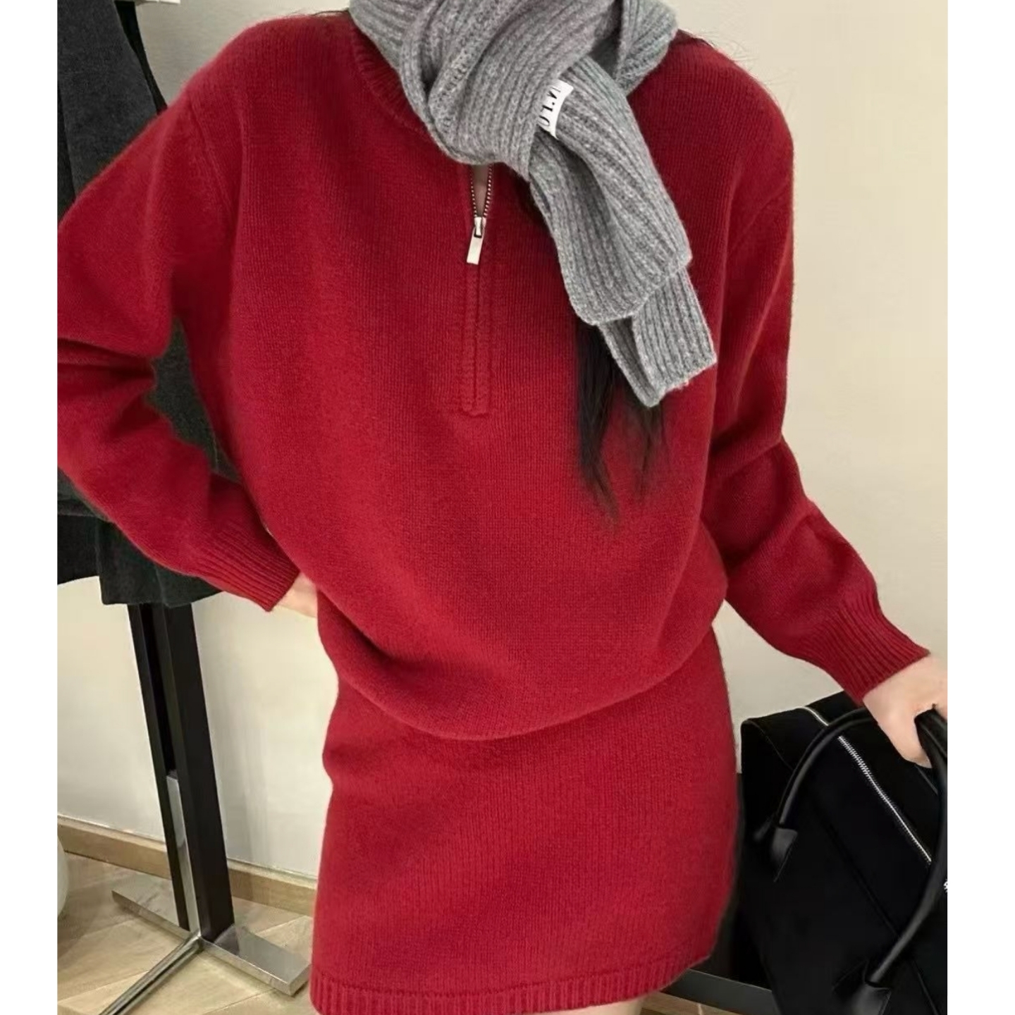 100纯羊毛加厚半拉链 秋冬套装圆领两件套 时尚简约风 上衣+半裙 