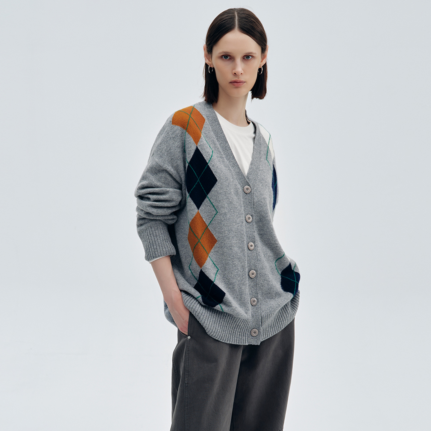 DNCY羊毛开衫毛衣女2025早秋新款菱格经典女装上衣V领100毛针织衫