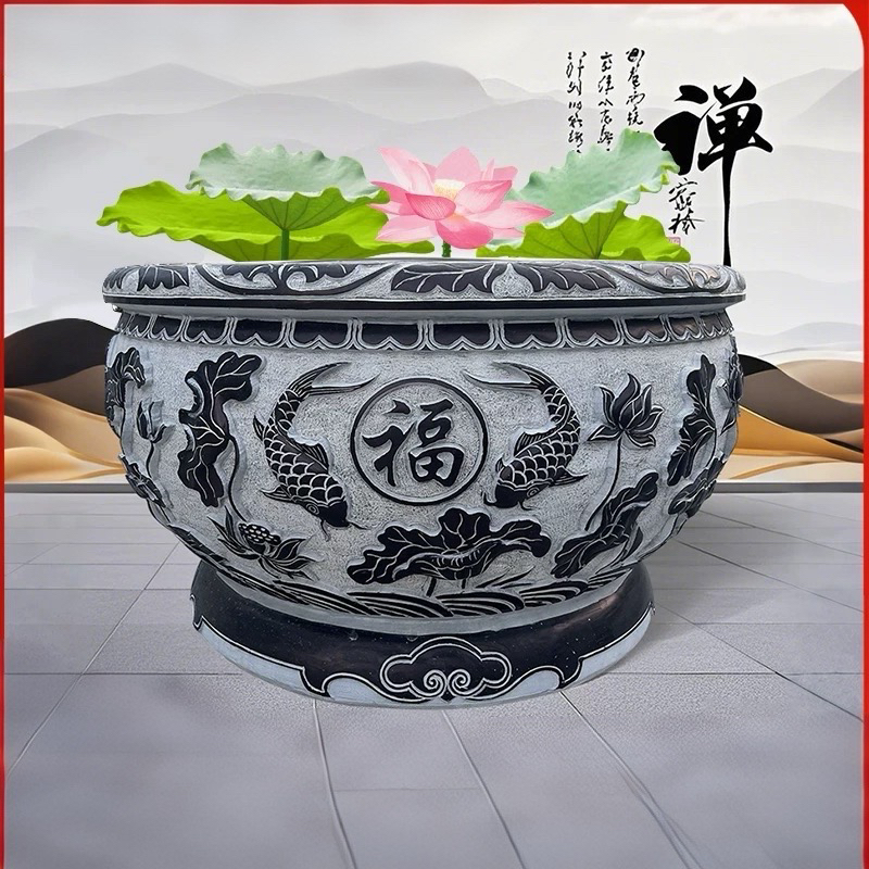 石雕鱼缸花盆花岗岩荷花鱼水缸百福门海青石包邮不含卸车和摆放