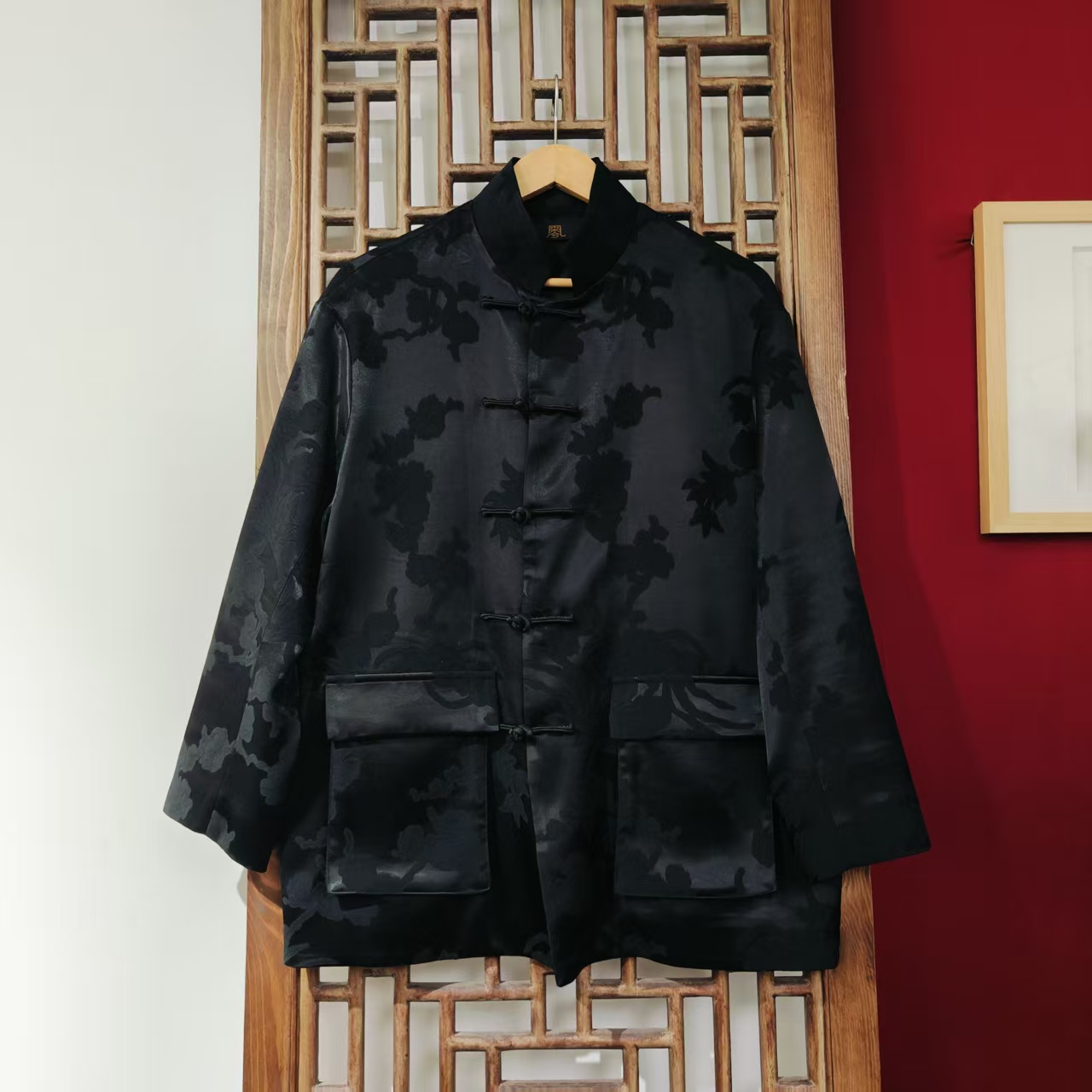 （LS809) 凤徕兮私人定制黑色暗纹花对襟盘扣小立领外套