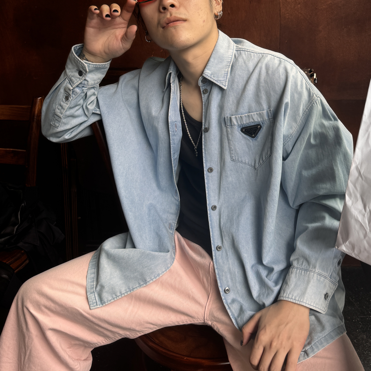 未使用 Prada/普拉达 休闲外套棉服衬衫/36码/三角标牛仔/13500