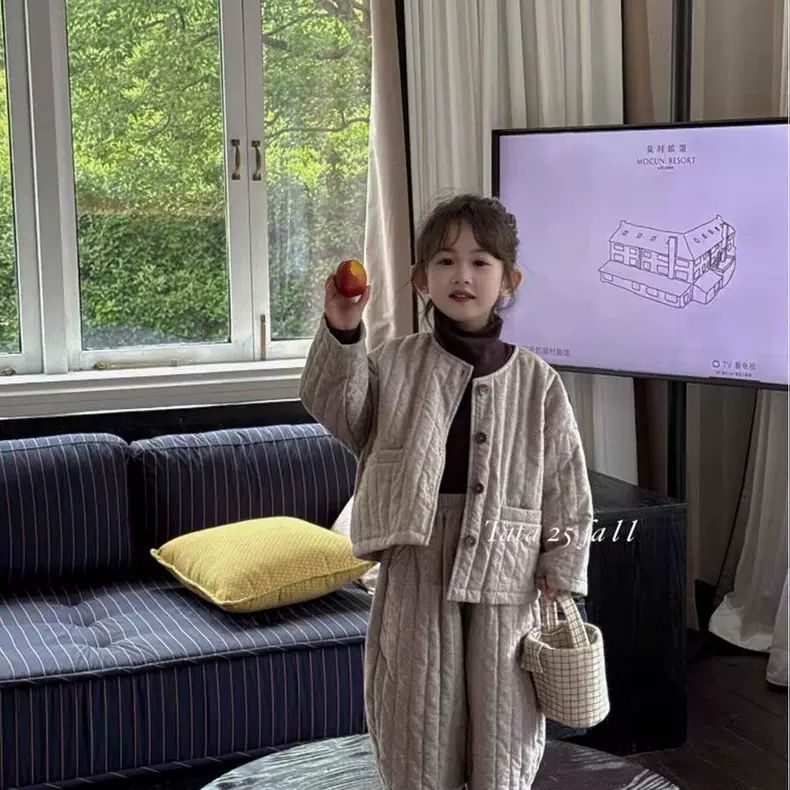 女童秋冬装套装2025新款儿童韩版夹棉圆领棉服外套宝宝洋气两件套