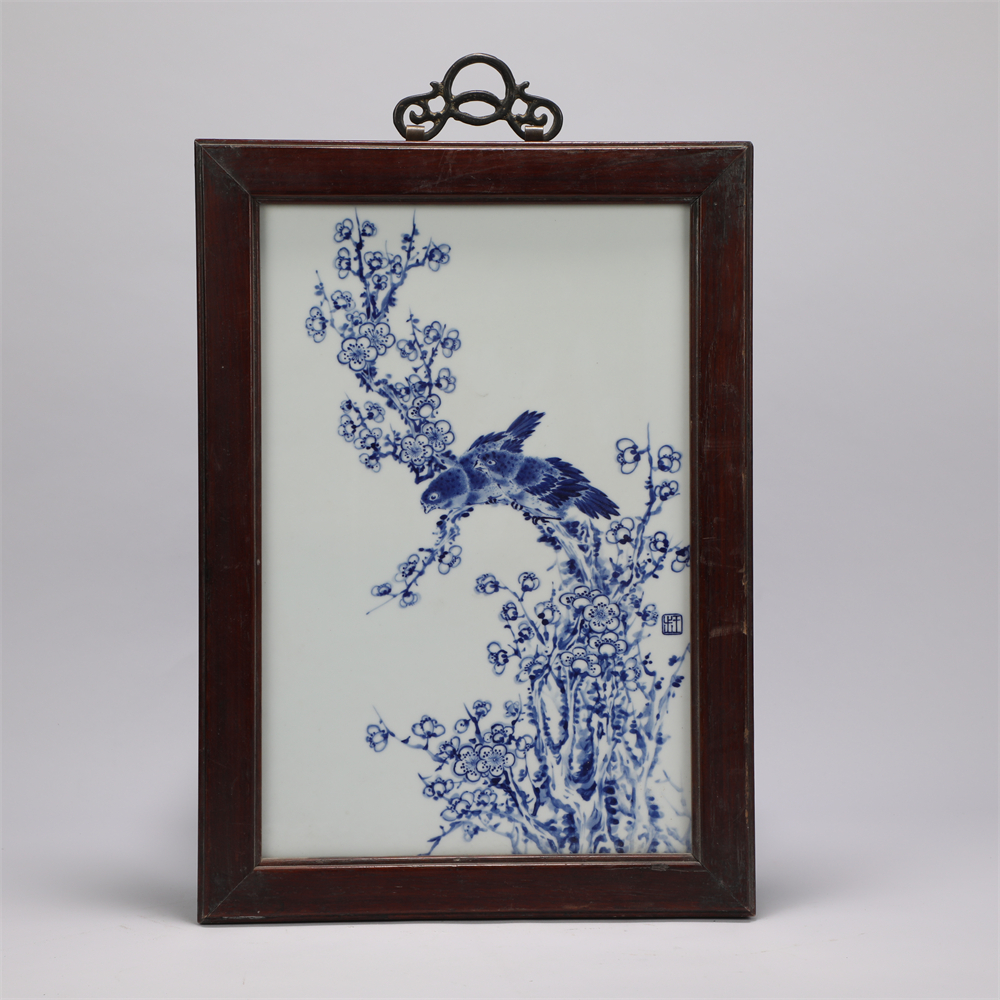 古陶瓷/王步款青花喜上眉梢纹瓷板画LOT4610-G29/老物件