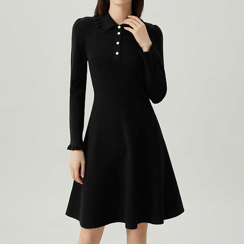 商场同款2025秋冬新款小香风泡泡袖木耳边领针织连衣裙A500238