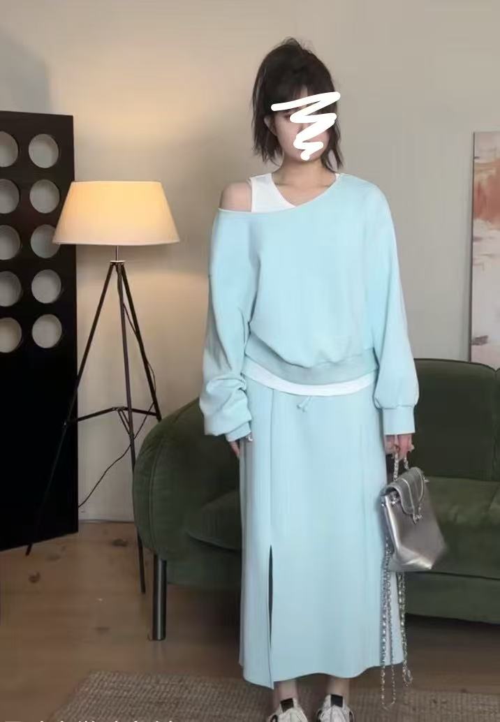 天一~早春新款慵懒风多巴胺时尚卫衣+内搭+半裙设计感套装9651