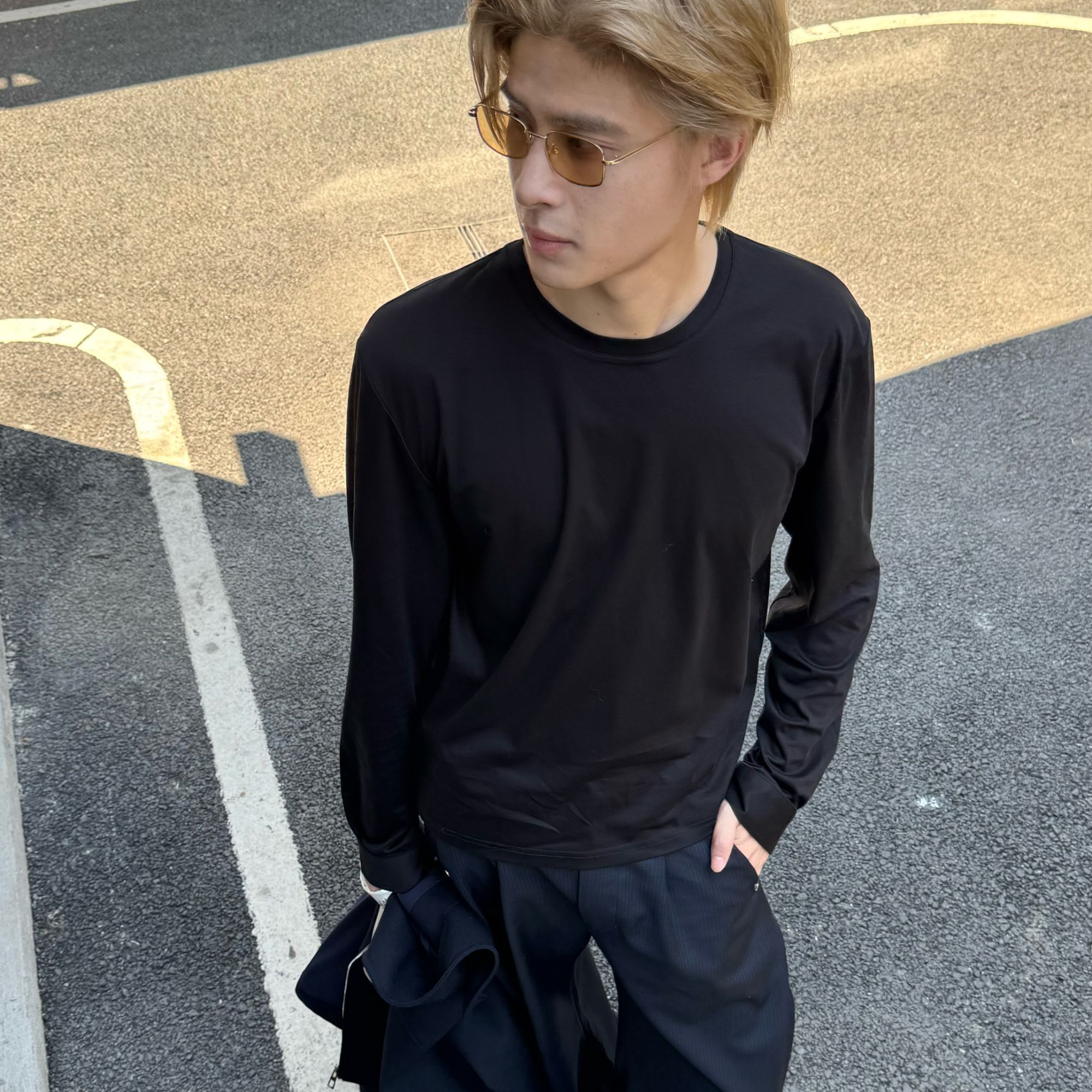 【LaFoule】秋季长袖T恤纯色时尚男装桑蚕丝混纺设计师款圆领打底  