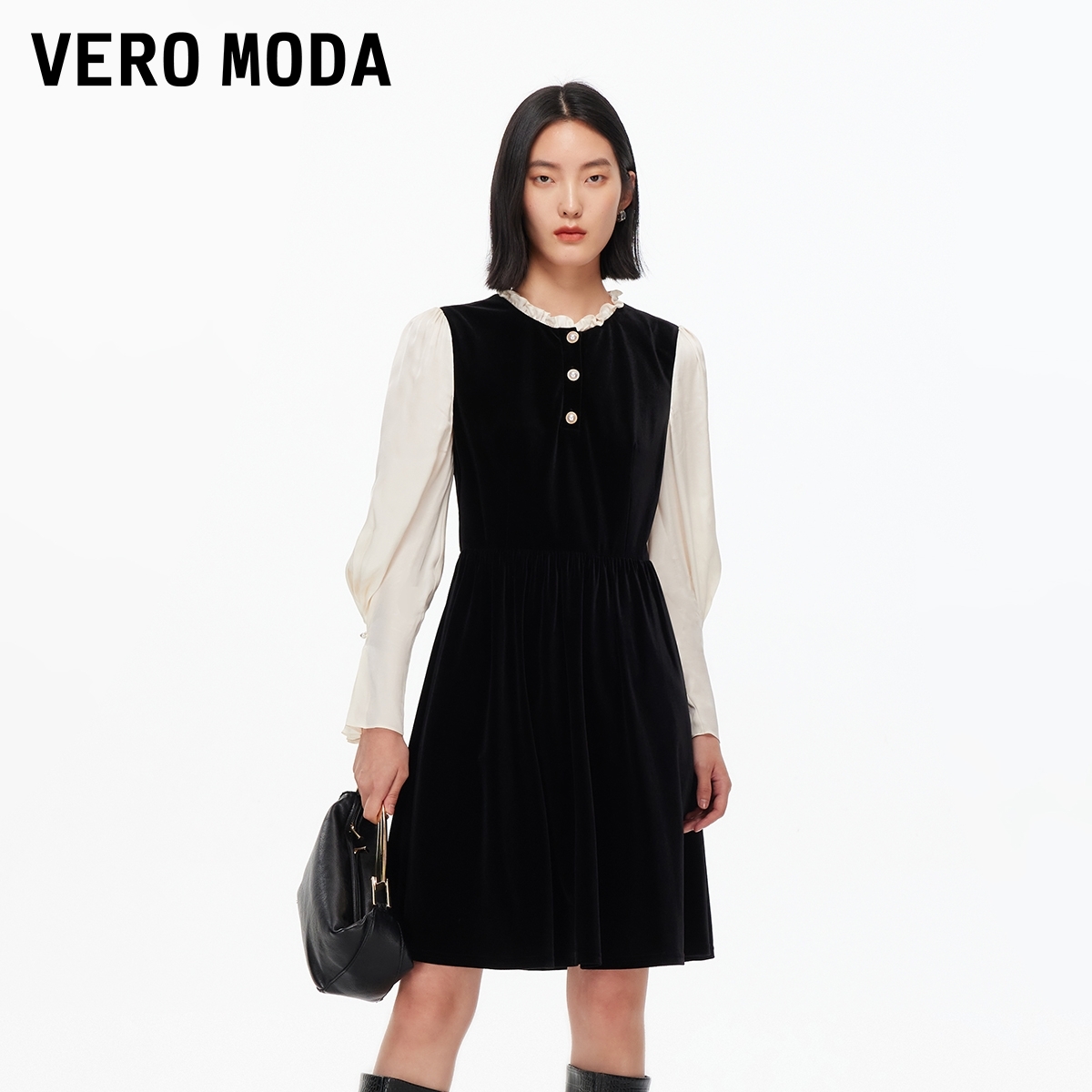 Vero Moda连衣裙2025秋季新款木耳领珍珠排扣A字丝绒裙百搭流光风