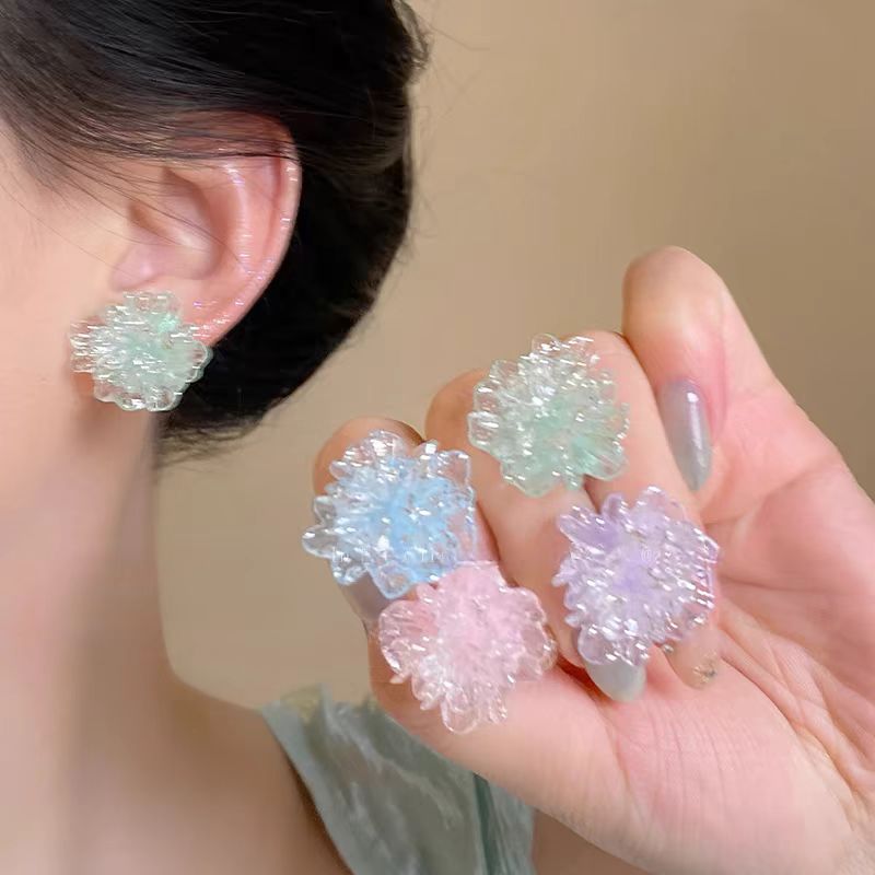彩色花朵耳钉蓝色女甜美小众设计耳环日常百搭高颜值夸张耳饰品