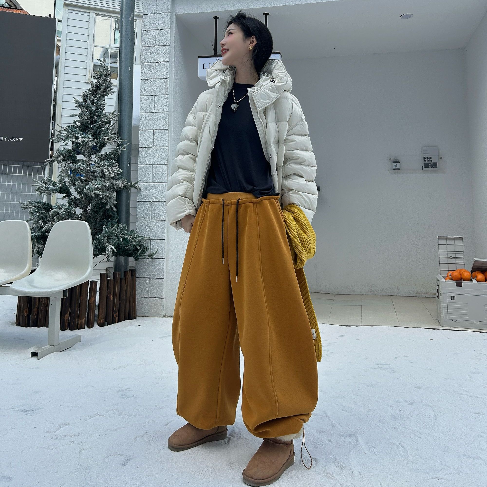 “弯绒”设计师弯刀裤微弹情侣纯色休闲裤冬季运动抽绳保暖宽松加厚