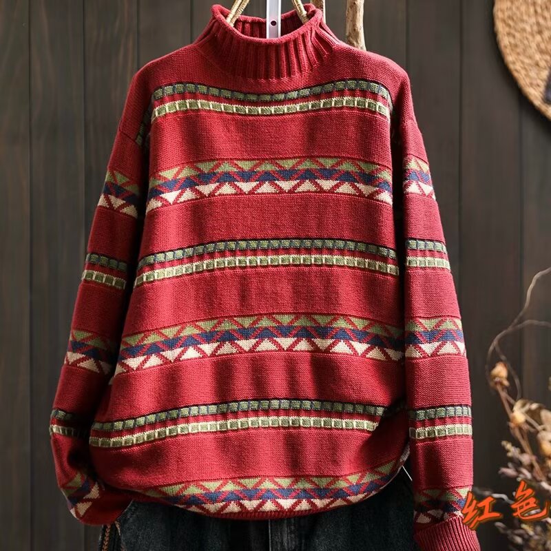 秋季洋气半高领圆领加厚款长袖棉毛针织衫上衣宽松套头复古