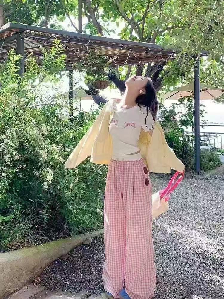 高腰宽松抽绳休闲格子女裤