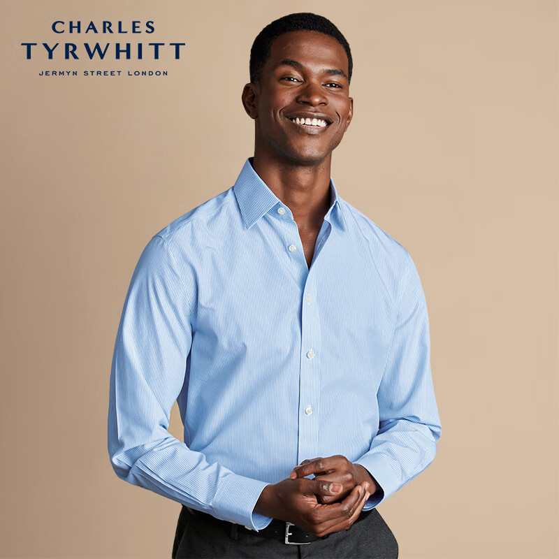 CHARLES TYRWHITT修身天空蓝条纹免烫男款长袖衬衫2024新款秋冬