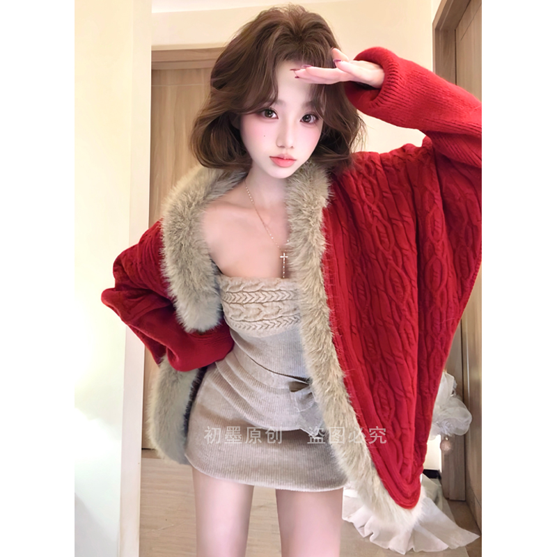 【前短后长】设计感大毛领毛衣外套女秋冬季新款慵懒风针织开衫上衣