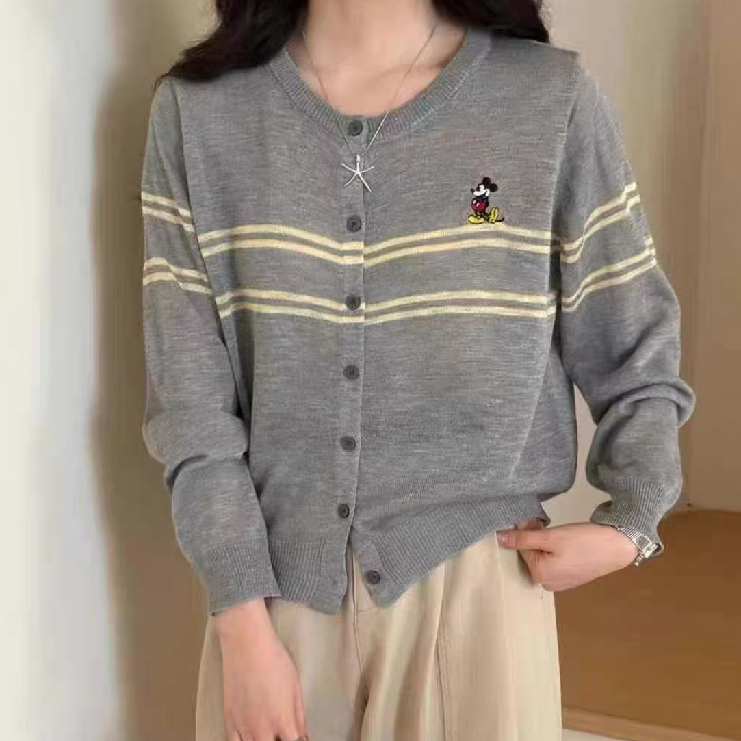 条纹针织长袖刺绣休闲时尚开衫夏季毛针织衫女百搭