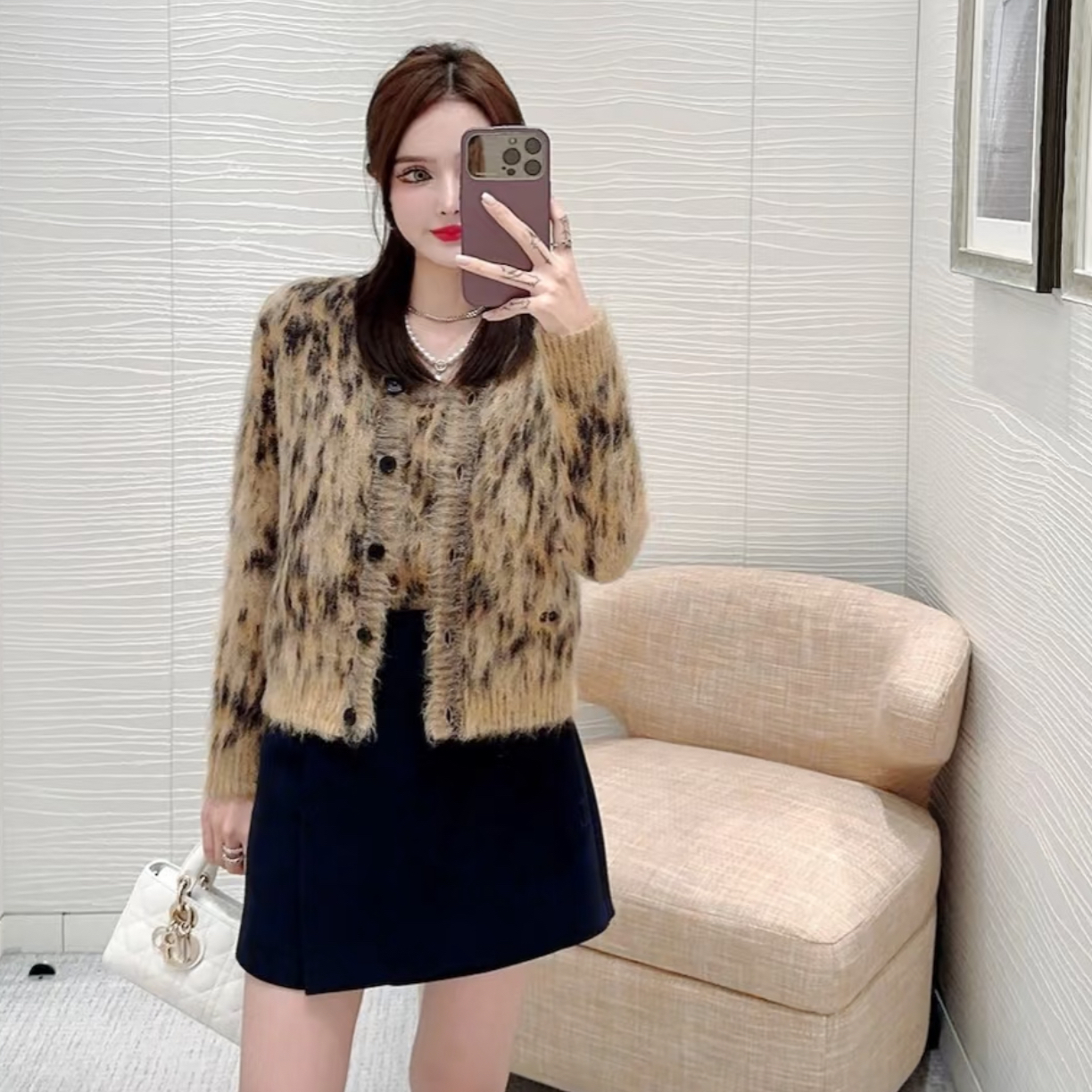 99新 DIOR/迪奥 dd0071 马海毛 美拉德豹纹马海毛套装 38码