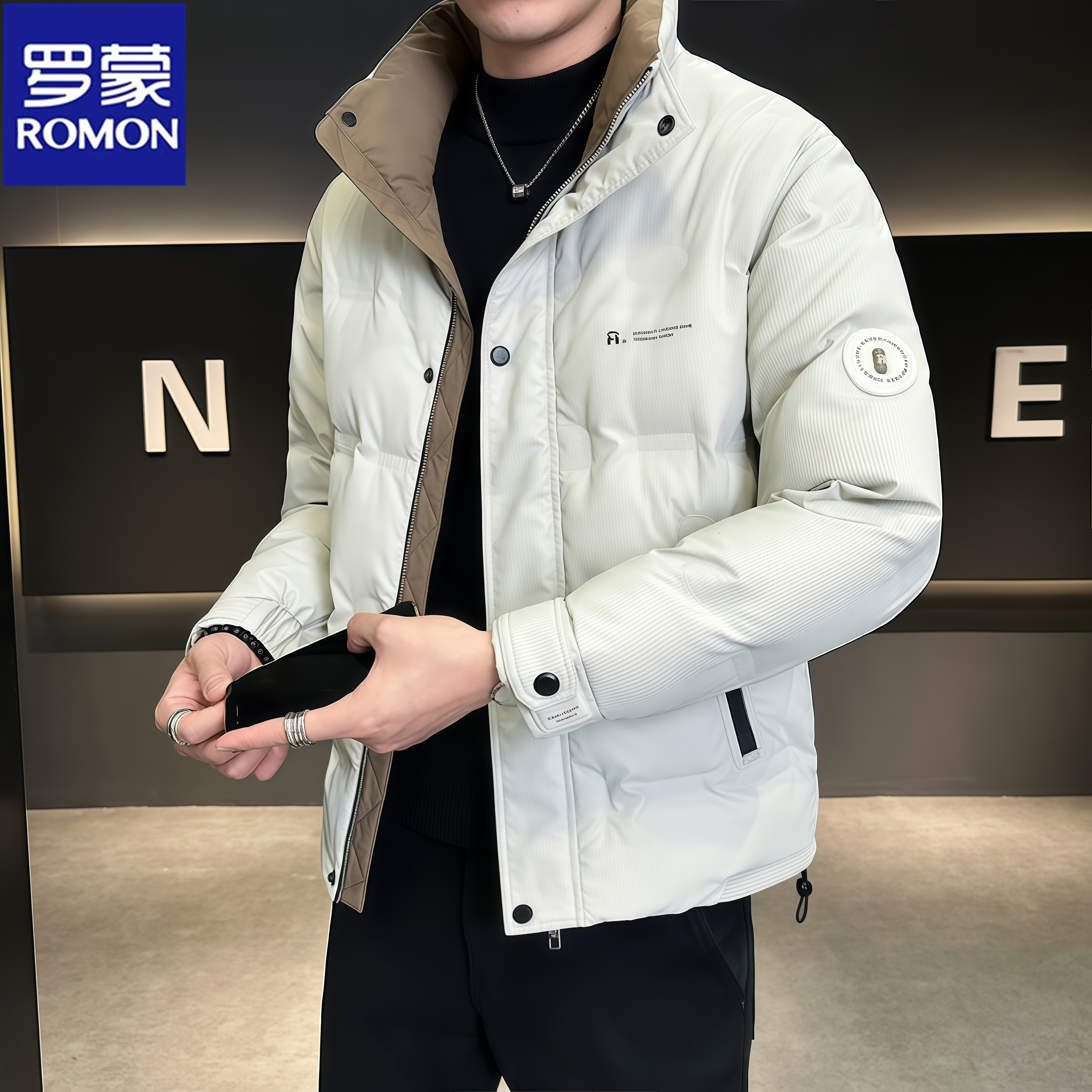Romon/罗蒙冬季青年防寒保暖羽绒服新款时尚男士潮牌加厚立领外套