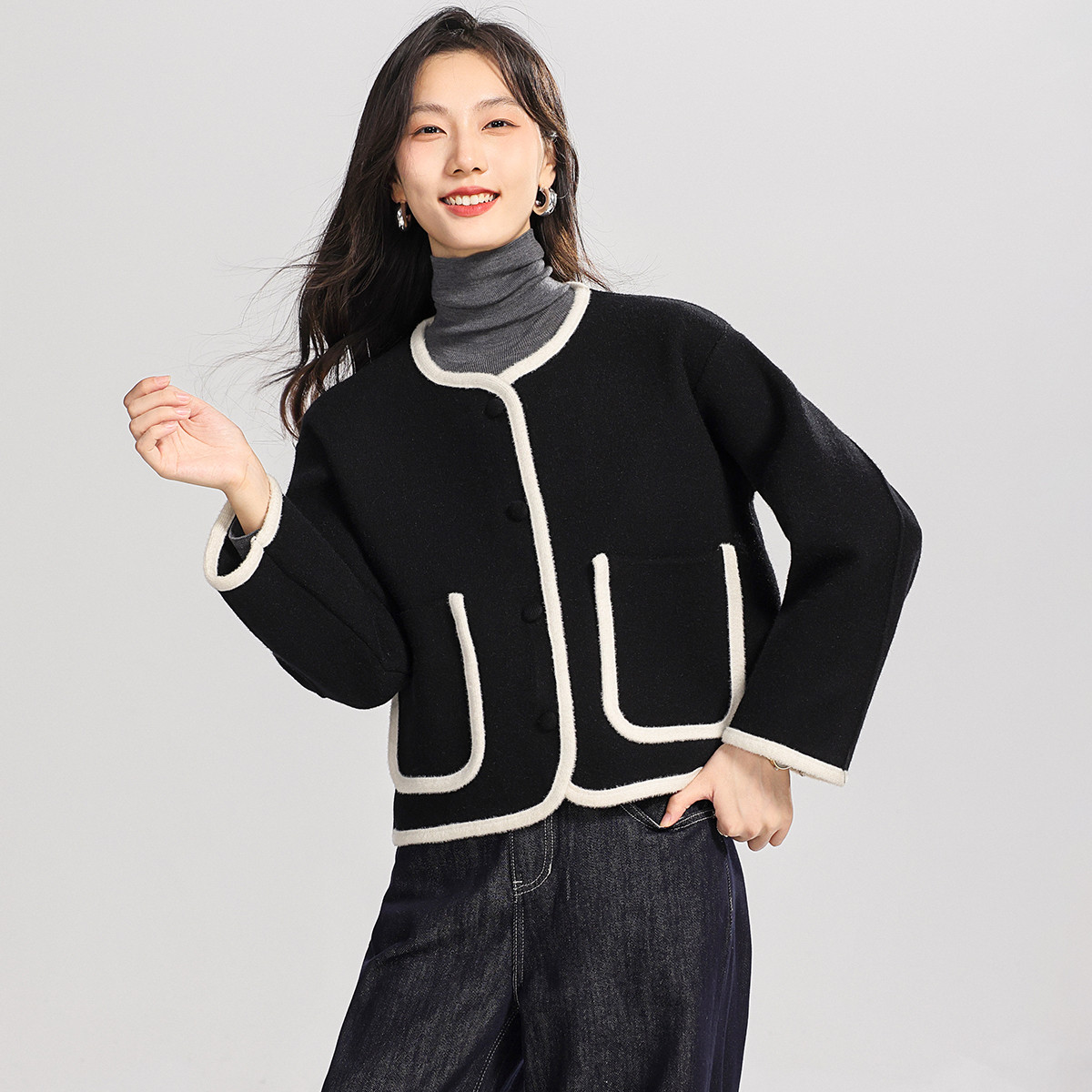 加厚针织开衫毛衣外套女2025年秋冬季高级感仿毛呢子短大衣