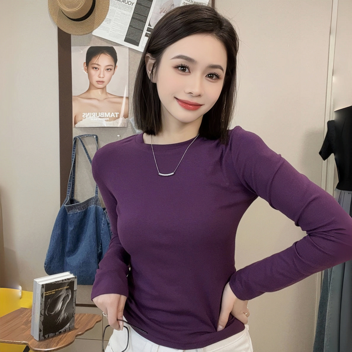 【秋冬新款】秋冬圆领长袖上衣女修身显瘦女士打底衫纯色百搭T恤女