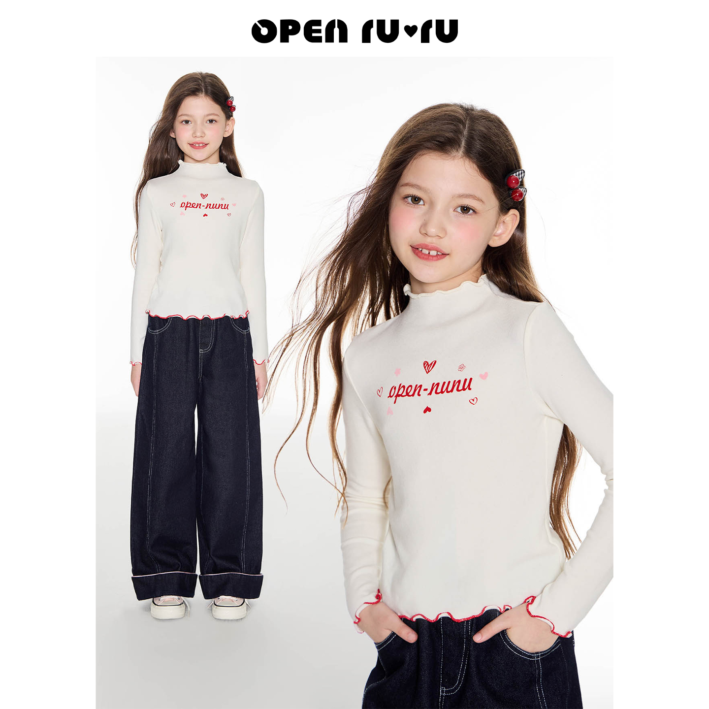 Opennunu女童字母印花长袖打底衫秋季软糯亲肤半高领针织上衣