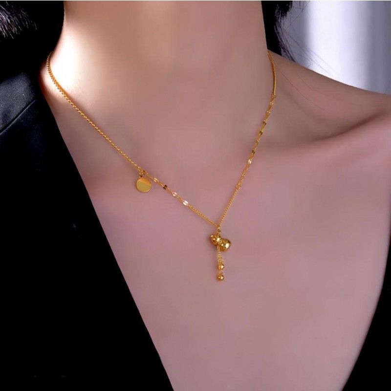 钛钢项链 中国风中式葫芦福字吊坠唇形链拼接圆片百搭闺蜜项链女