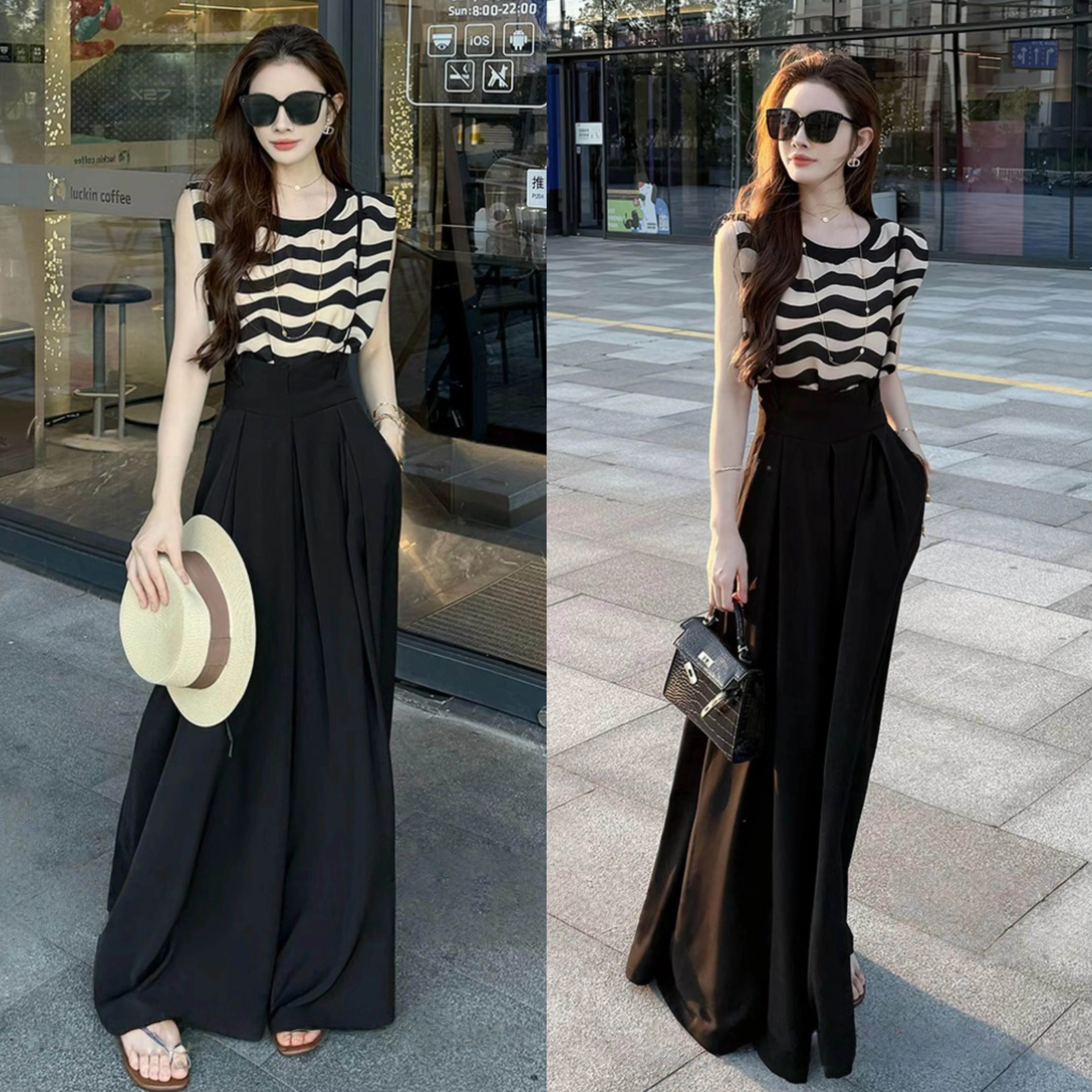巨好看的夏装一整套高级感条纹气质减龄无袖上衣+背带阔腿裤套装