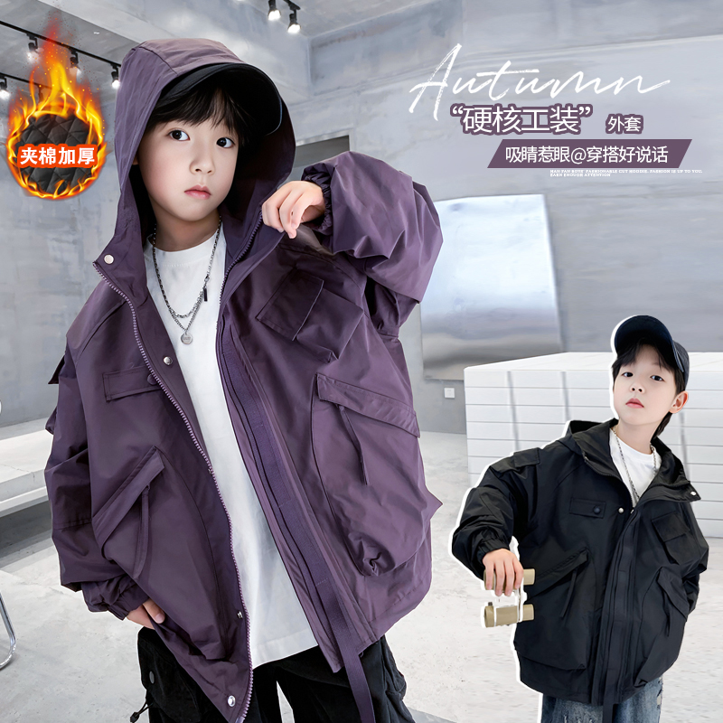 (120-170）中大童2025男童新款加棉工装冲锋衣百搭连帽外套宽松
