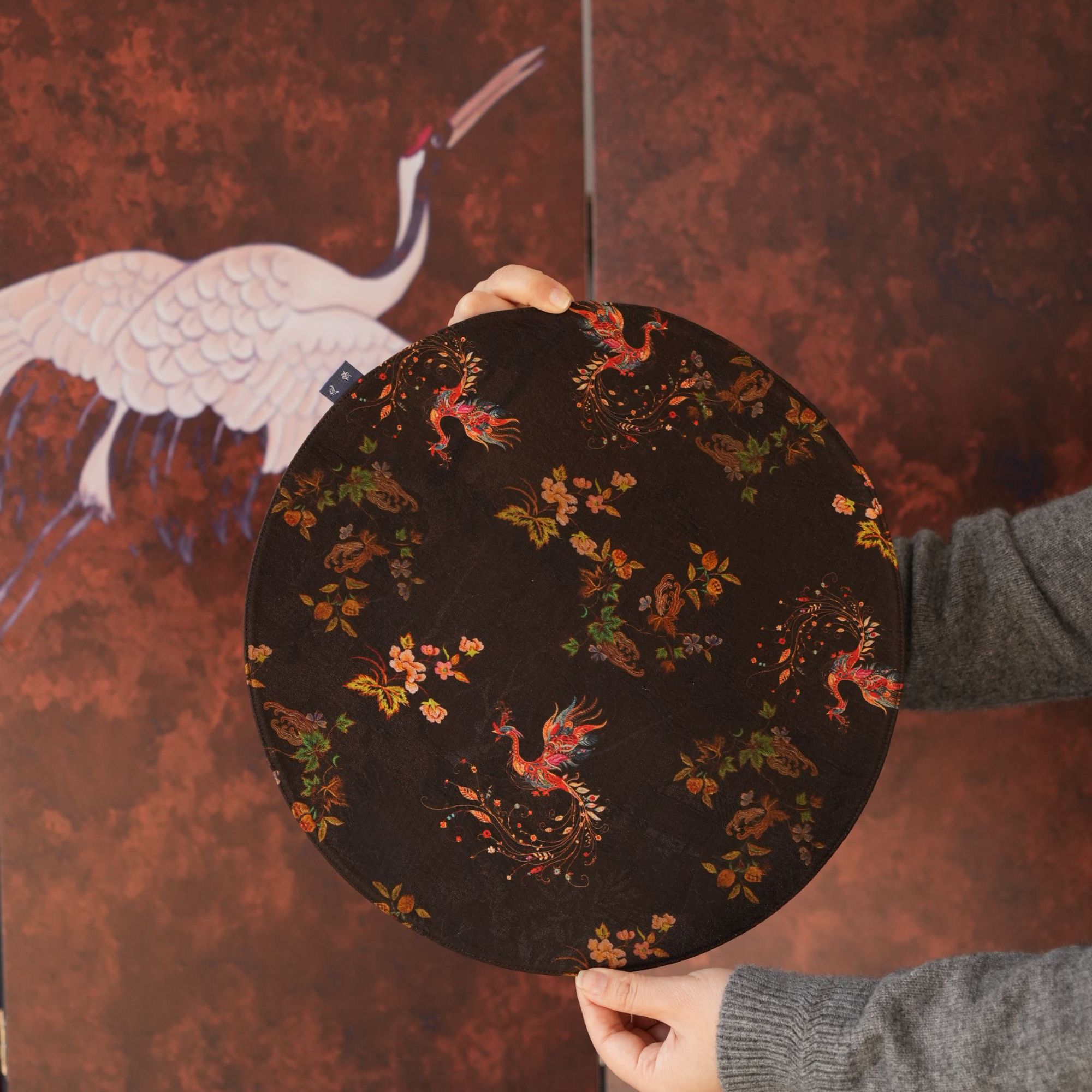 高档香云纱茶席墨底丹凰繁花方圆形双层双面茶桌垫子茶道零配