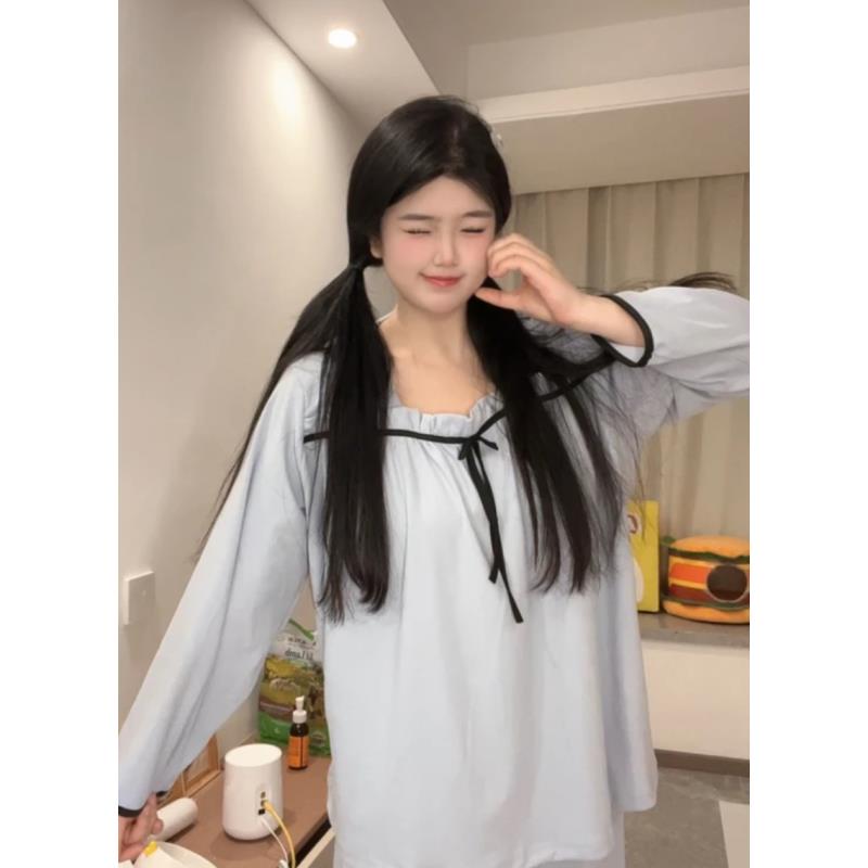 6607#德绒大码睡衣女120-260斤秋冬甜美可爱蝴蝶结拼接家居服套装