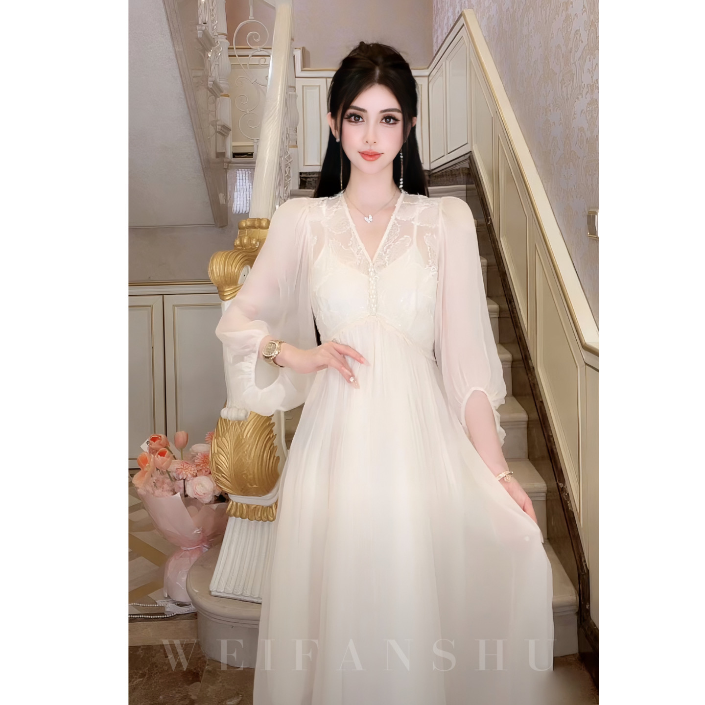 WEIFANSHU/魏凡舒【夏日绮梦】连衣裙高级感法式气质V领仙气裙子