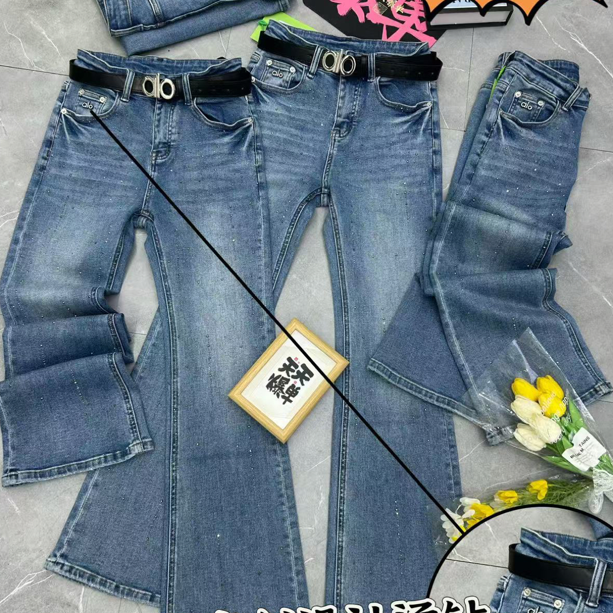 6309高腰显瘦烫钻微喇牛仔裤女修身弹力喇叭裤