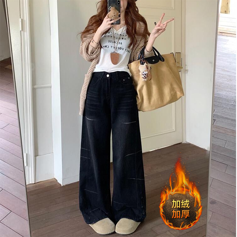 300斤胖mm大码女装高腰水洗复古阔腿牛仔裤女加绒保暖显瘦裤子女