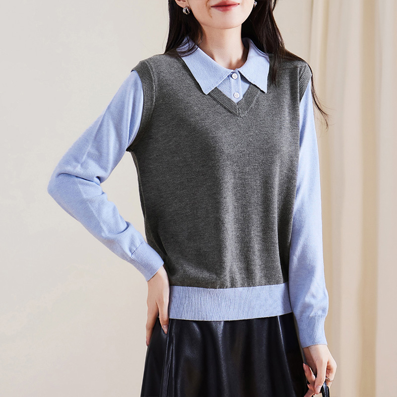 索菲丝尔假两件polo领长袖针织衫女2025秋季通勤休闲毛衣538036