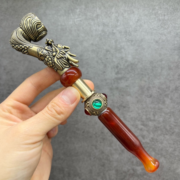 直长嘴八宝疙瘩一档玛瑙珠子黄铜旱烟锅旱烟袋L022