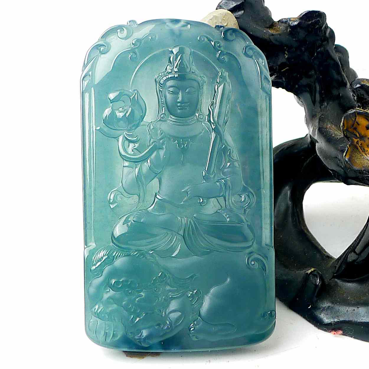 高品质天然A货翡翠老坑高冰天空蓝文殊菩萨吊坠挂件尺寸68-40-9mm
