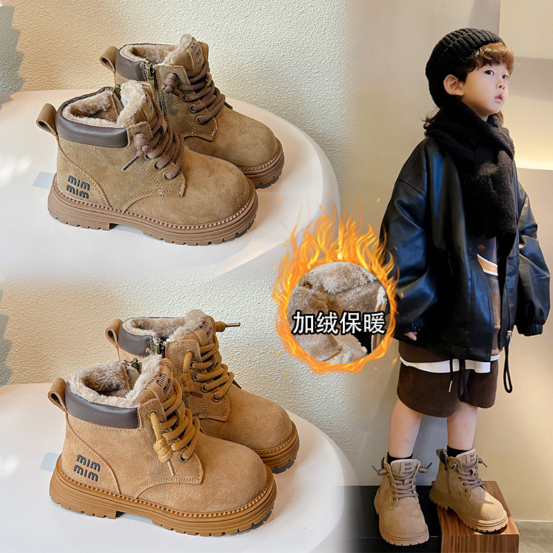 童鞋女童马丁靴2025秋冬季新款加绒儿童大黄靴男童工装皮靴短靴软