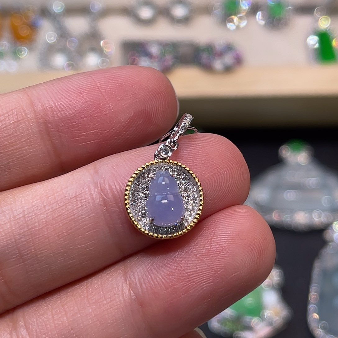 翡翠18K金镶嵌吊坠(不含链)紫葫芦圆排滴溜