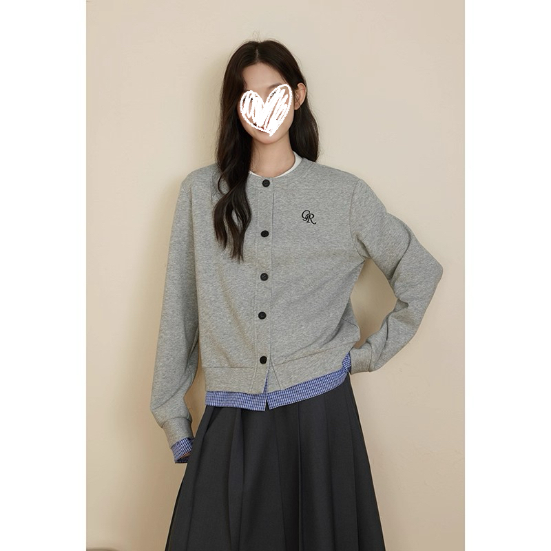 韩系灰色假两件格子拼接开衫卫衣女秋季设计感休闲百搭长袖外套