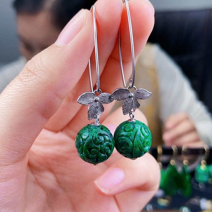 翡翠耳饰银S925镶嵌饰品