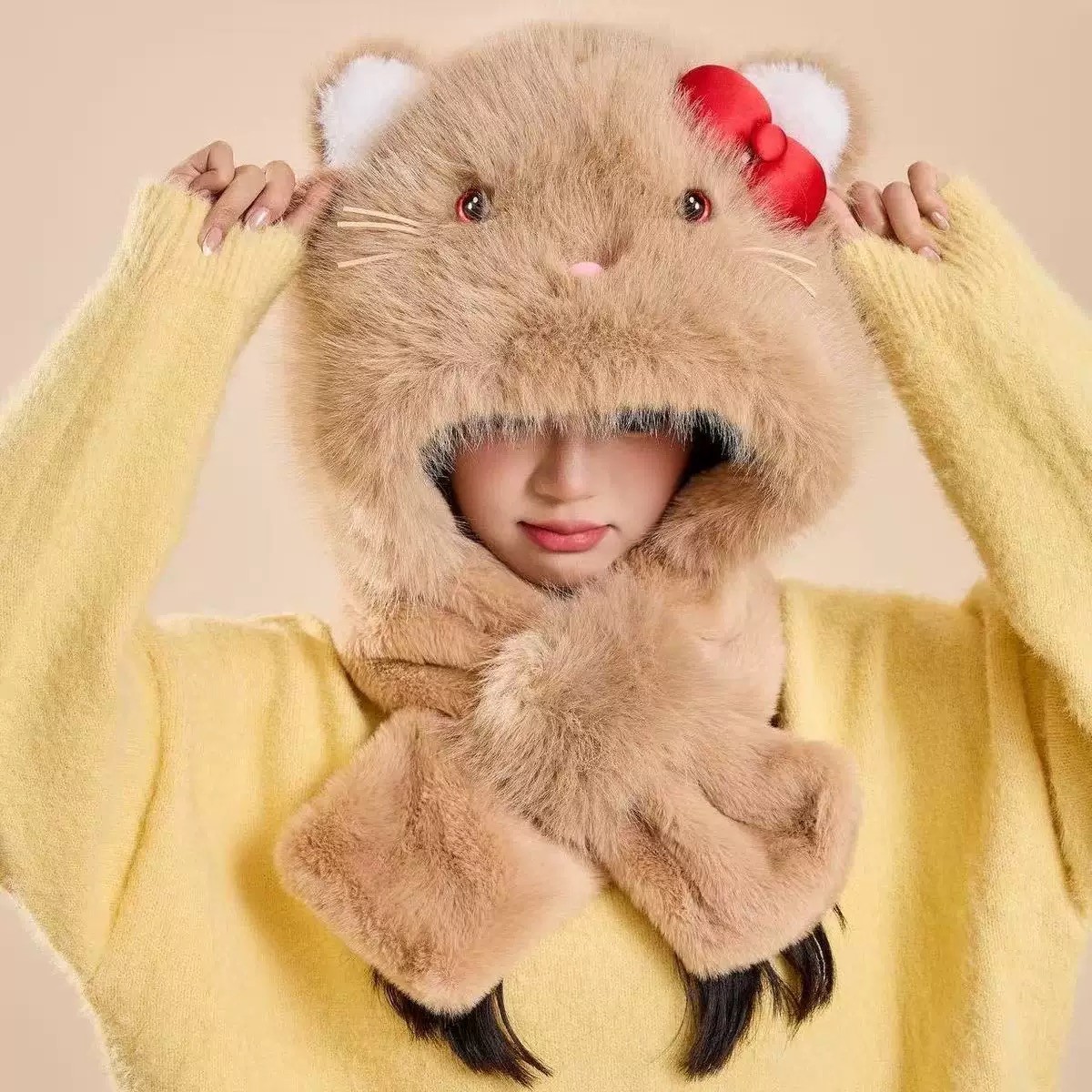 可爱kitty猫防寒加厚护耳帽二件套冬帽子围巾一体猫耳朵亲子帽女
