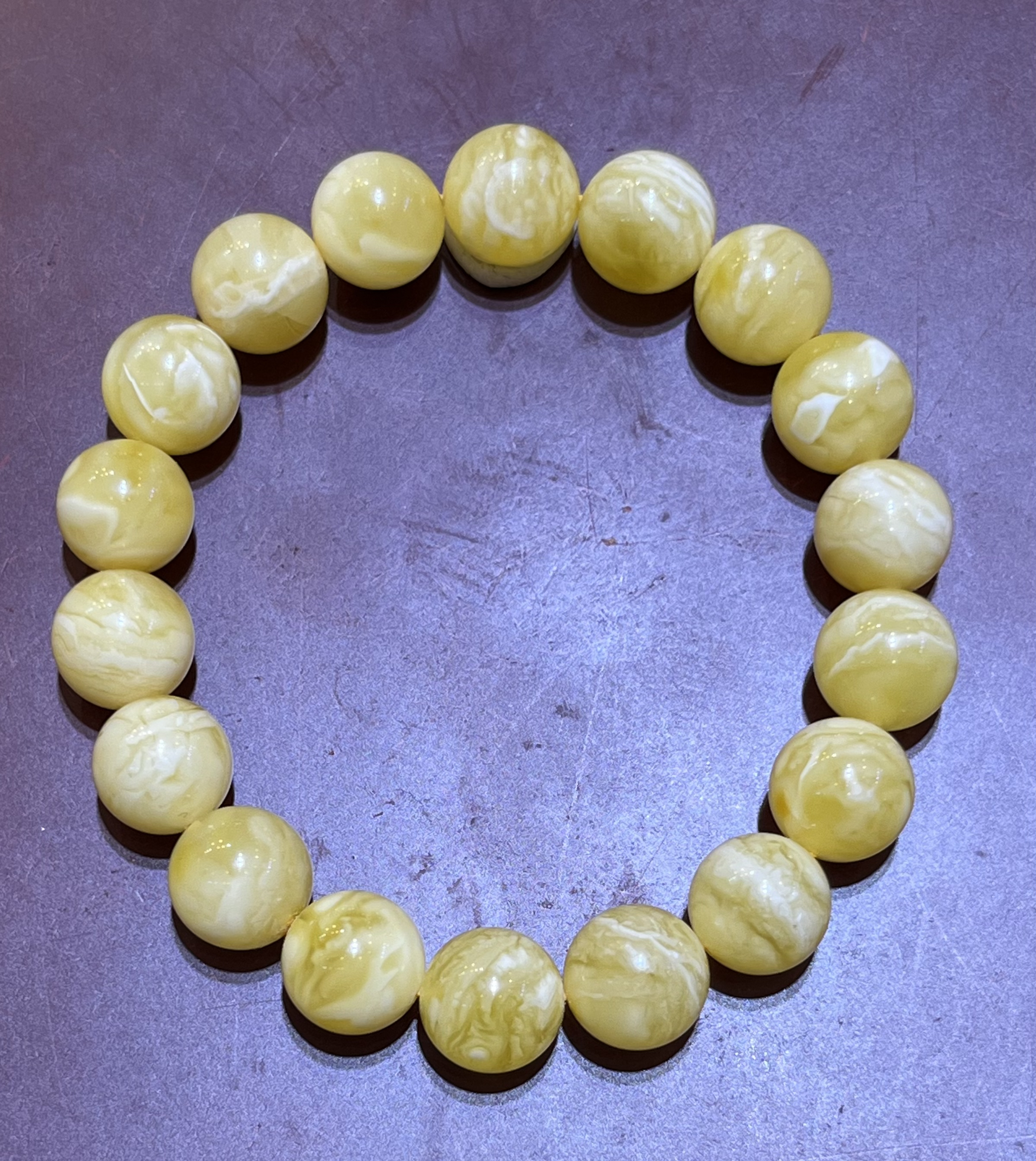 琥珀白花蜜蜡虎皮纹圆珠手串，11m+，14.22g，天然原矿保真