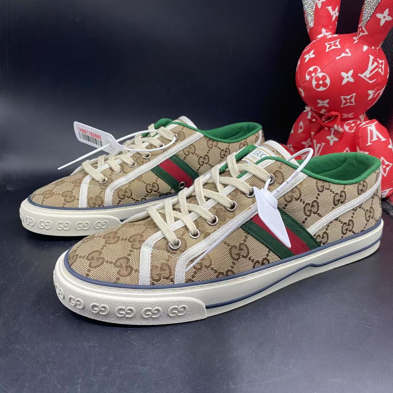 95新 GUCCI/古驰 乌木色帆布百搭1977老花板鞋43欧码ddm1980